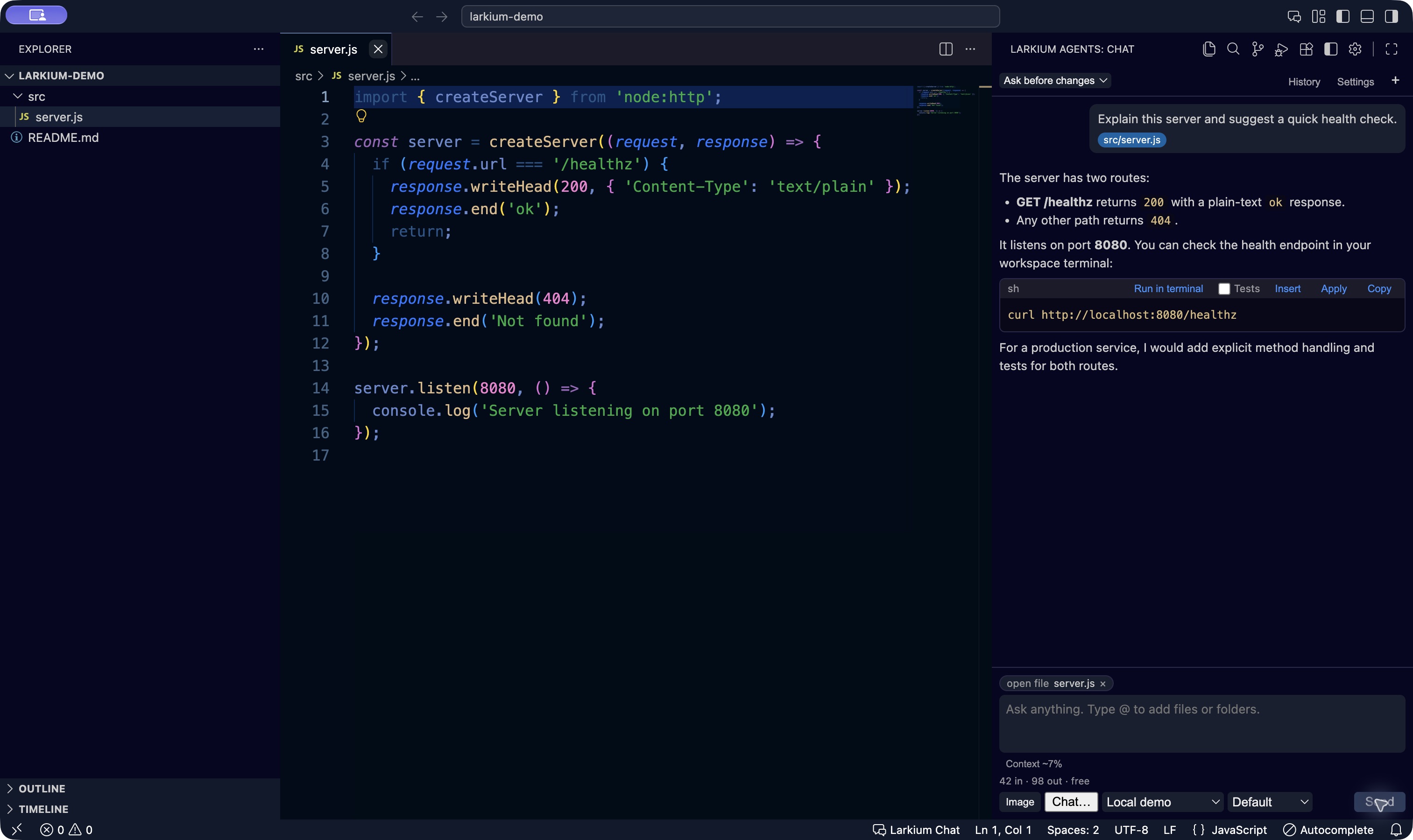 Larkium Editor with Abyss theme: Explorer on the left, JavaScript source in the center, and the Agents chat with Run in terminal controls on the right.